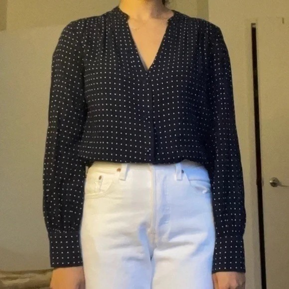 Zara Basic Black Polka Dot V-Neck Long Sleeve Blouse Professional Office Wear M - Picture 1 of 5